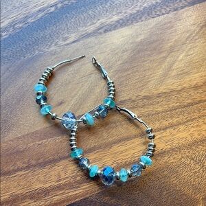 Elegant Silver and Blue Beaded Hoop Earrings